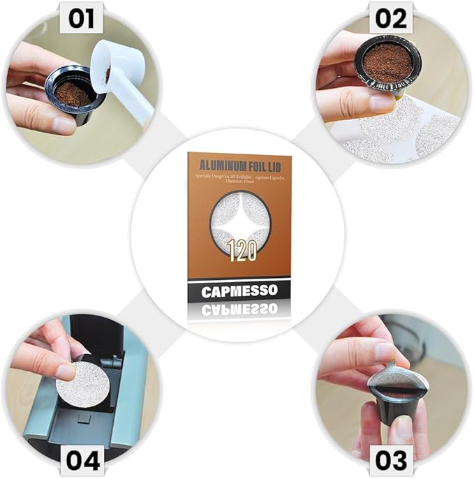 CAPMESSO Coffee Capsules Foil Seals -Aluminum Lids Foil Stickers to Reuse Nespresso Original Capsules Refillable Pods Compatible with Nespresso Original Line Machines (V2-120 Lids(37mm))