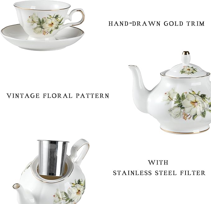 Sweejar Ceramic Teapot with Infuser, Floral Relief Gold Rimmed Teapot, 29 OZ Porcelain Tea Pot for Blooming and Loose Tea, Coffee...(Camellia)