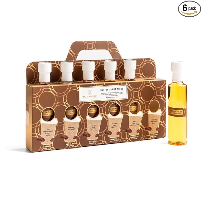 Premium Coffee Syrup Gift - Set 6 x 75ml Assorted Flavoured Syrup For Coffee Including Vanilla Caramel Toffee Hazelnut Amaretto Peppermint Coffee Lover Gift sets