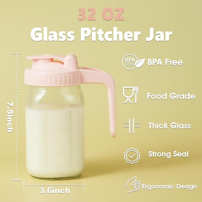 32oz Glass Pitcher with Lid & V-shaped Pour Spout - 1 Quart Double Leak Proof, Creamer Container for Sun Tea, Juice, Cold Brew Coffee, Breastmilk Storage Container
