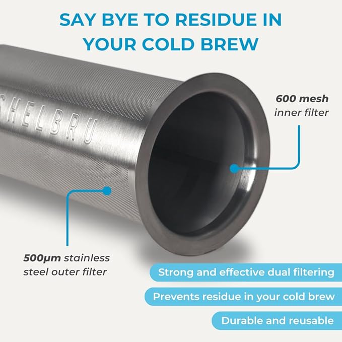 SHELBRU Cold Brew Coffee Maker Set (Brewer & Carafe), Up to 12 Servings of Concentrate, Reusable Stainless Steel Dual Filter, Durable Borosilicate Glass & Spill-Proof Pouring Spout, 16.9 fl oz / 500ml