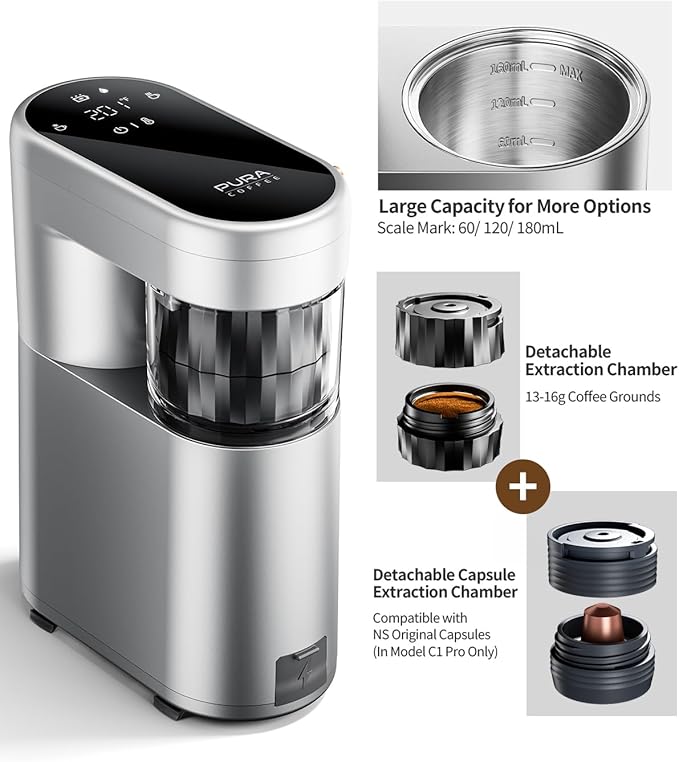C1 Pro Small Espresso Machine, with NS Capsule & Ground Coffee, Portable Electric Coffee Maker, 20 Bar Travel Espresso Maker, Rechargeable, for RV, Car, Camping, Hiking, Office, Home Use