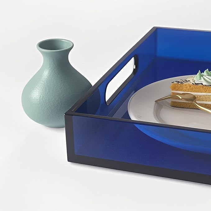 Sturdy 16" Acrylic Serving Tray with Handles - Ottoman Coffee Table Organizer for Food, Tea, Snacks, Vanity & Kitchen Countertop - Multi-Use for Bathroom, Living Room, Bar Parties (Dark Blue)