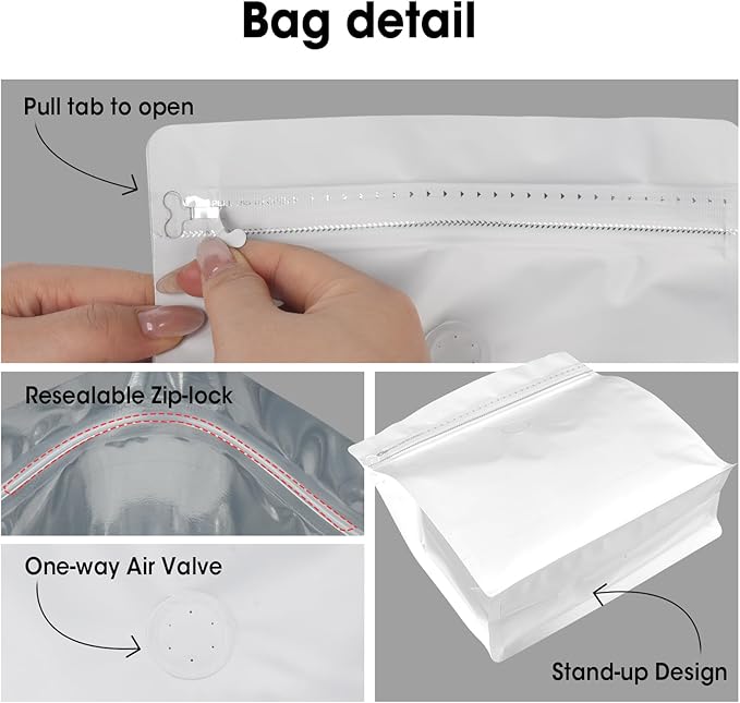50 Count 8oz Coffee Bags with Valve,1/2 lb Vented Coffee Beans Packaging Bags High Barrier Aluminumed Foil Flat Bottom Heat Sealed Side Zipper Resealable Storage Bag for Home or Business（White）