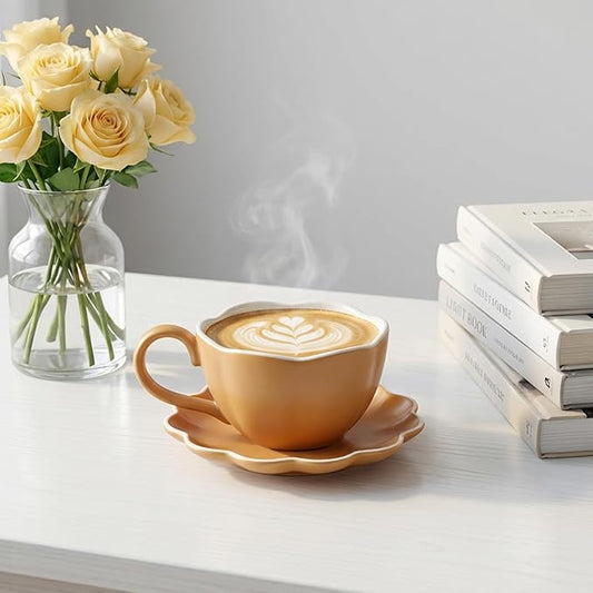 MyBudsBuzz Ceramic Espresso Cups with Saucers 6 oz,Coffe Cups for Cappuccino,Latte,Tea with Saucers Set of 2 - Flower - Caramel Brown
