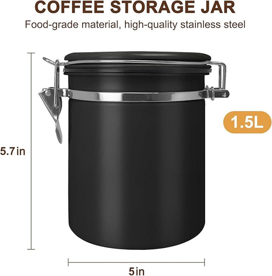 1.5L Airtight Vacuum Coffee Canister, Stainless Steel Storage Container for Coffee Beans and Grounds with Scoop.Suitable for coffee powder, coffee beans, rice, tea leaves, sugar, flour, and grains