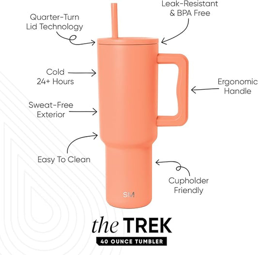 Simple Modern 40 oz Trek Tumbler with Handle and Straw Lid | Cup Holder Friendly Insulated Stainless Steel Travel Mug | Mango
