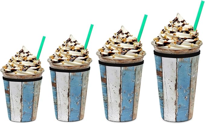 Rustic Beach Wooden Iced Coffee Sleeve for Cold Drink Cups, Reusable Neoprene Insulated Drink Sleeves Cup Cover for Beverages, Fits 26-28 oz