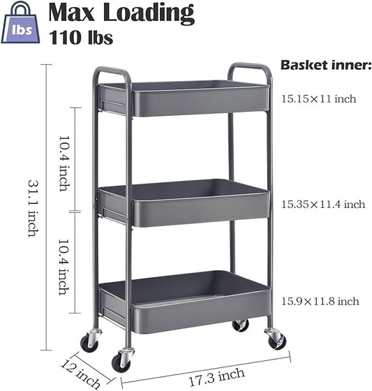 TOOLF 3-Tier Metal Rolling Cart with Wheels, Storage Utility Organizer Cart for Kitchen, Bathroom, Office, Baby Essentials & Makeup - Lockable Casters, Easy Assembly, Large Capacity, Gray