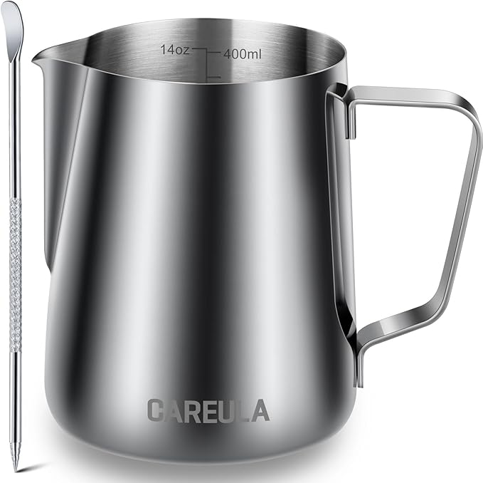 Milk Frothing Pitcher, 14oz 400ml Stainless Steel Milk Frother Cup Steaming Pitcher, Coffee Bar Cappuccino Espresso Machine Accessories Barista Tools, Metal Milk Jug with Latte Art Pen