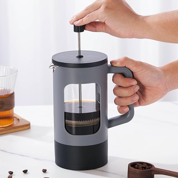 YOLIFE French Press Coffee Maker, 34 oz / 4 Cup Coffee Tea Press with Heat-resistant Borosilicate Glass, 4-Level Filtration Systems, Cold Brew Coffee Maker for Camping Travel Gifts, Grey and Black