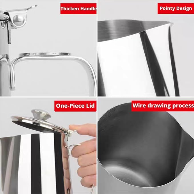 Milk Frother Cup with Lid, 350ML Milk Frothing Pitcher Milk Steamer Cup Latte Art Pitcher Stainless Steel Jug Coffee Creamer Container Creamer Dispenser with Lid for Latte Coffee Art