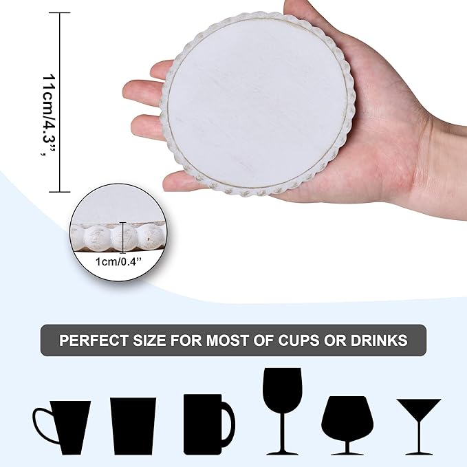 GENMOUS 6 Pack Farmhouse Wooden Bead Coasters with Metal Holder for Coffee Table Decor, Round Handmade Cup Coasters Set for Drinks Absorbent, Rustic Cute Coaster for Home Kitchen Table Décor