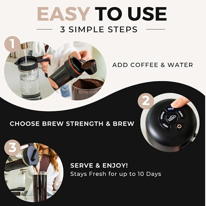 VINCI Express Cold Brew, Electric Cold Brew Coffee Maker in 10 Minutes, Glass Carafe, 3 Brew Strength Settings & Cleaning Cycle, Easy to Use & Clean 1.4 Liters Push Button Control