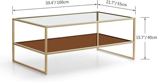 Shrine Glass Coffee Table, Dual-Layer Glass Coffee Table for The Living Room, Gold-Plated Metal Frame, Golden Hardware, Lower Tier with Tinted Glass