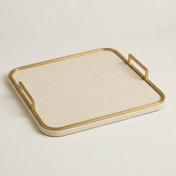Preston Lane Mayfair Decorative Tray – Vegan Leather with Woven Texture, Brushed Brass Handles – Serving, Dresser & Coffee Table Tray, Alabaster