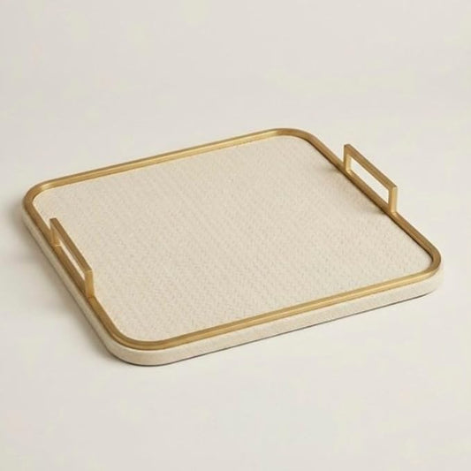 Preston Lane Mayfair Decorative Tray – Vegan Leather with Woven Texture, Brushed Brass Handles – Serving, Dresser & Coffee Table Tray, Alabaster