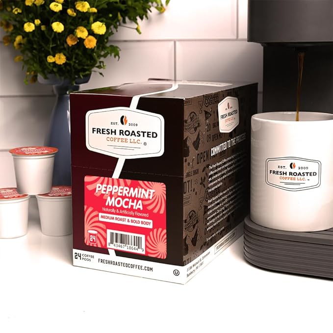 Fresh Roasted Coffee, Peppermint Mocha, Flavored Coffee Pods, K-Cup Compatible, 24 Count