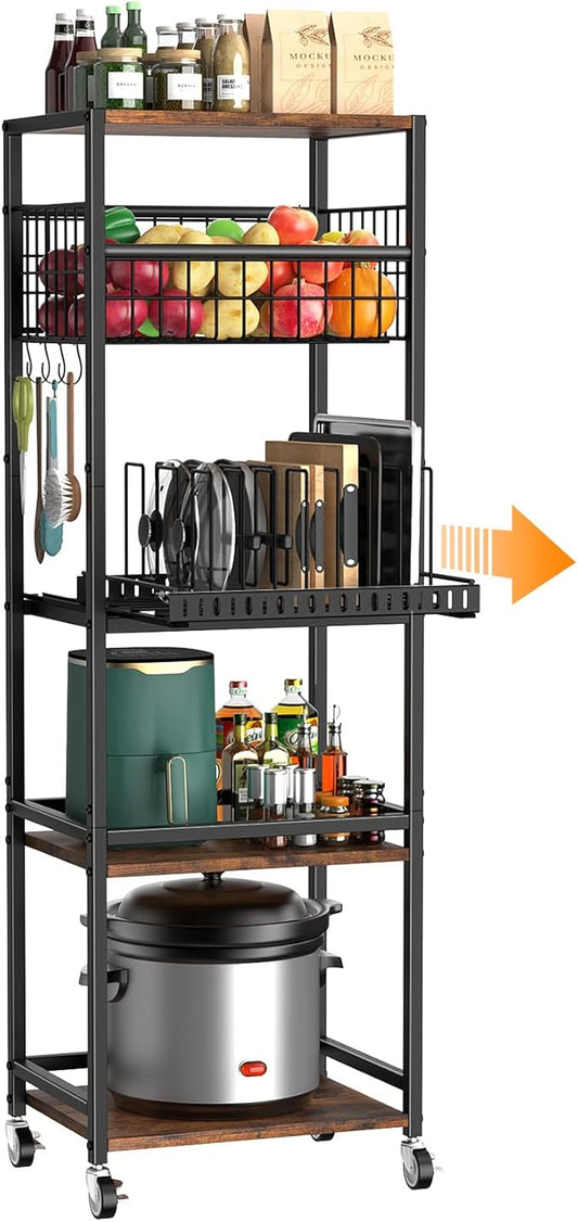 Housolution 5 Tier Kitchen Rolling Cart, Storage Cart with Metal Fruit Vegetable Basket and Pull-Out Pot Lid Cutting Board Organizer, Storage Rack with Wooden Top for Kitchen, Pantry, Bathroom
