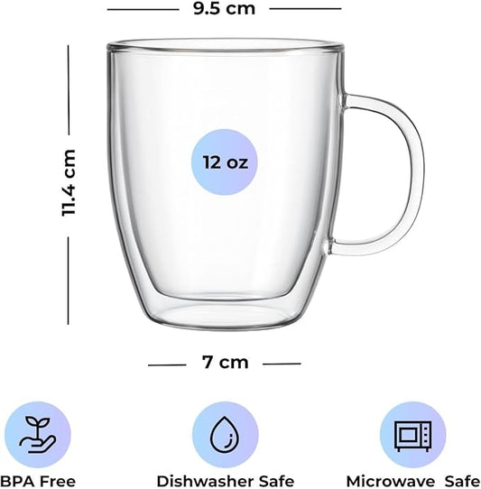 Lucco Double Walled Glass Coffee Mugs (Set of 2) - 12 oz Borosilicate Cups for Hot or Cold Drinks, Insulated Latte, Tea & Espresso Cups