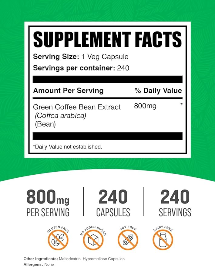 BulkSupplements.com Green Coffee Bean Extract Capsules - Green Coffee Bean Supplements, Green Coffee Bean Capsules - Green Coffee Bean 8000mg, Vegan - 1 Capsule per Serving, 240 Veg Capsules