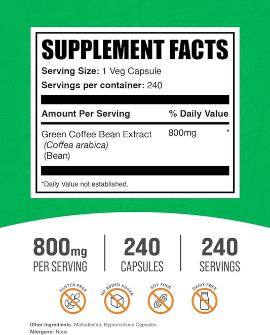 BulkSupplements.com Green Coffee Bean Extract Capsules - Green Coffee Bean Supplements, Green Coffee Bean Capsules - Green Coffee Bean 8000mg, Vegan - 1 Capsule per Serving, 240 Veg Capsules