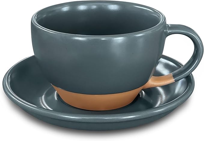 MORA Ceramic Latte Art Mug With Saucer - 10.5 oz, Round Bottom For Perfect Pours - Cafe Cups for Cappuccino, Espresso, Coffee, Tea etc - Porcelain Set for Baristas, Great Gift - Shadow Grey
