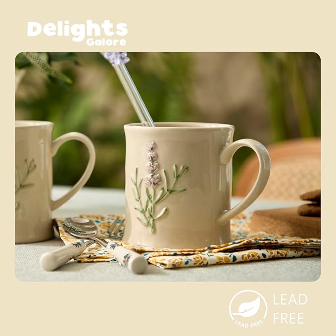 Artisanal Handcrafted Ceramic Mug with Sage Botanical Design - 10oz Off-White Stoneware Coffee Cup, Elegant Purple Sage Pattern, Dishwasher Safe, Comfort Grip Handle for Daily Use-4pack
