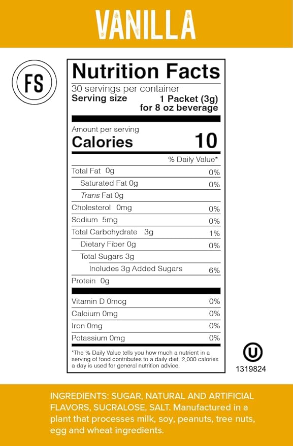 Flavor Singles Vanilla Powdered Sweetener Packets for Coffee & Tea, Travel Ready Single-Serve Syrup Alternative, 30 Count (Pack of 1)
