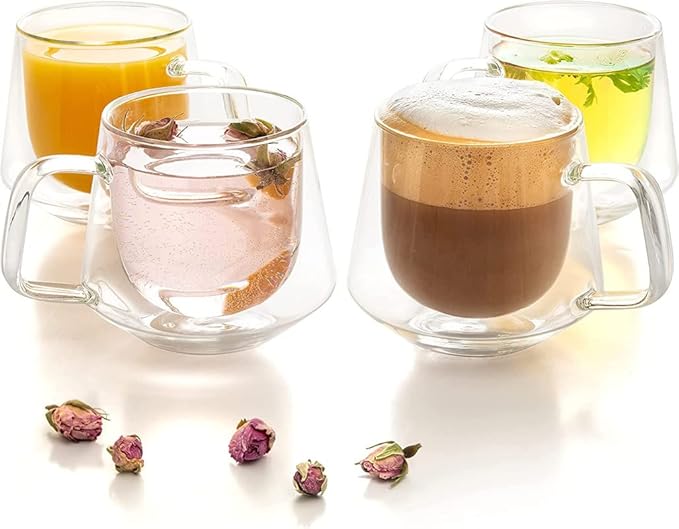 Moss & Stone Set of 4 Double Wall Glass Cup Clear Mug, Double Walled Coffee Mugs 7.5 Oz, Glass Tea Mugs, Insulated Coffee Mug With Handle.