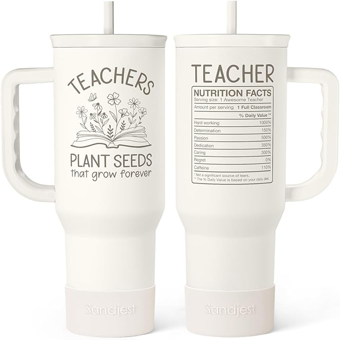Teacher Appreciation Gift – 40oz Stainless Steel Insulated Tumbler with Handle and Straw - Teacher Nutrition Facts Travel Coffee Mug Cup for Women Back to School Birthday Christmas