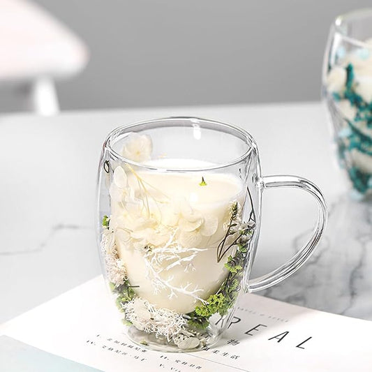 Flower Glass Double Wall Glass - 350ml Aesthetic Dried Flowers Double Wall Glass Coffee Mugs | Clear Glass Cups With Handle,Anti-Scalding Coffee Cups For Hot Beverages,Tea Or Coffee