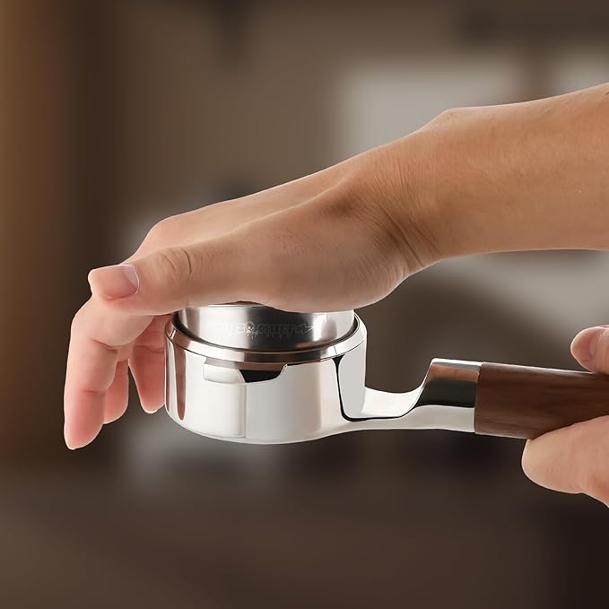 Mischief 58mm Bottomless Portafilter, 316 Stainless Steel, Fits E61 Group Heads, La Marzocco, Rocket, ECM, Synesso, VBM, Flat Base, Double Shot Basket, Walnut wood (Walnut Wood, 58MM for E61)