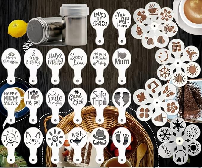 45 Coffee Stencils+2 Mesh Powder Shakers, Cake Baking Templates Coffee Decoration Stencils Coffee Art Templates Coffee Mold Tool for Christmas Thanksgiving Cake Coffee Cappuccino
