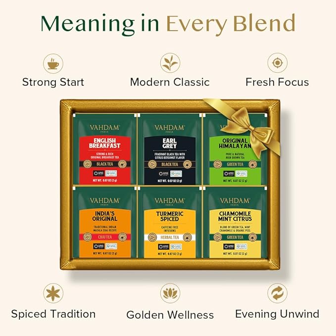 VAHDAM, Assorted Tea Gift Set (6 Varities, 36 Tea Bags) - Variety Pack - Black, Green, Chai and Herbal Tea Sampler | Valentines Day Gifts Set for Tea Lovers | Valentines Day Gifts for Him & Her