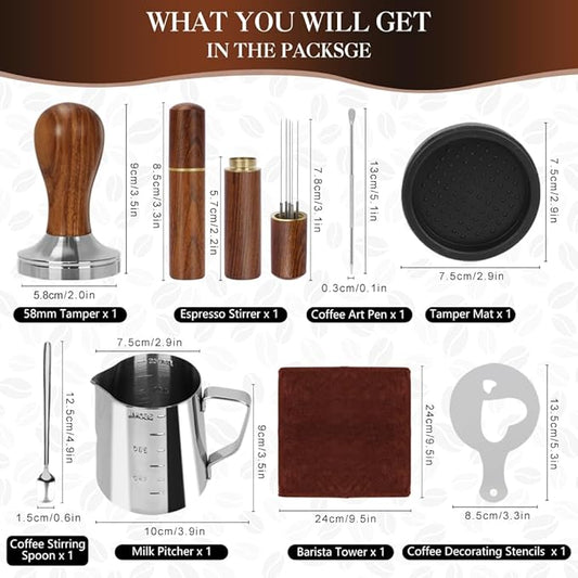 Y-Step 58mm Espresso Accessories Kit, 23 PCS Coffee Tamper Set Barista Tools Kit, with Sandalwood Espresso Tamper, Coffee Stirrer, Frothing Pitcher, Tamper Mat, Latte Art Pen for Espresso Machine