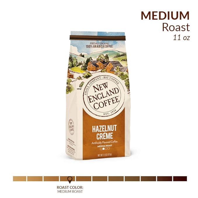 New England Coffee Hazelnut Crème Medium Roast Ground Coffee, 11oz Bag (Pack of 1)