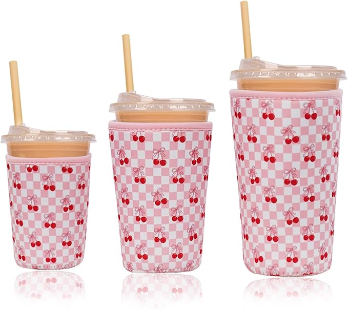 Reusable Insulated Neoprene Iced Coffee Cup Sleeve, Durable Drink Sleeve for Cold Beverages, Beverage Holder for Iced Coffee, Sweet Cherry