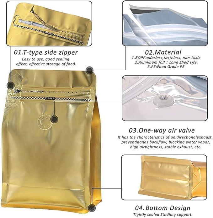 coffee bags with Valve High Barrier Aluminumed Foil Flat Bottom Standing Coffee Beans Storage Bags,Reusable Heat Sealable Side Zipper Pouches (12oz/100pcs, Gold)