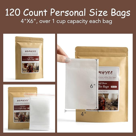 HOMYHEE No Mess Cold Brew Coffee Filters - 120 Count Disposable Fine Mesh Brewing Bags for Concentrate/Iced Coffee Maker, French/Cold Press Kit, Hot Tea in Mason Jar or Pitcher, 4 x 6 Inches