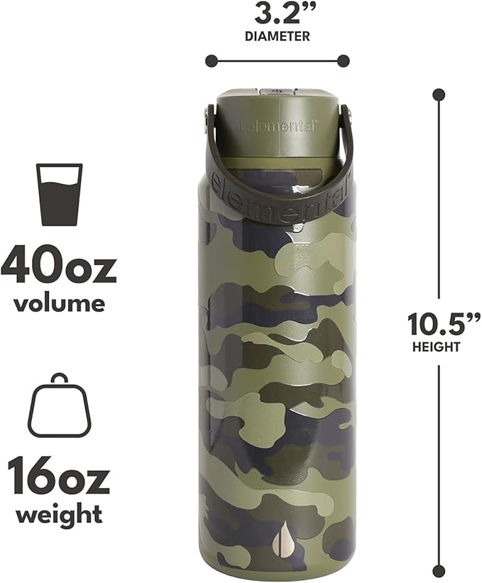 Elemental 40oz Insulated Water Bottle with Straw - 100% Leak-Proof Stainless Steel Core Water Bottles for Travel, Sports and Gym - Double Wall Insulation & BPA Free - Dark Green Camo