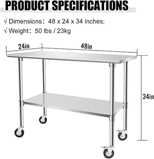 Stainless Steel Table - Metal Table Cart - Commercial Workbench with Caster Wheel - NSF Certified - for Restaurant, Warehouse, Home, Kitchen, Garage,48''x24''