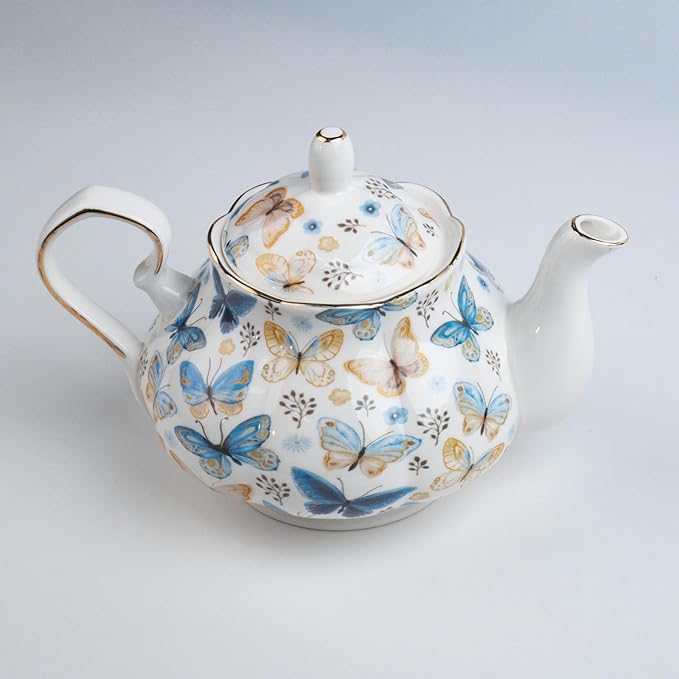 33.8 oz Porcelain Tea Pot Luxury Gold Trim Floral Ceramic Teapot Waterpot Tea Maker for Blooming Loose Leaf Tea Coffee Milk Chrismas Women Gift Housewarming Home Kitchen Décor (Butterfly)