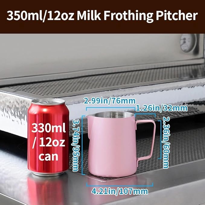 watchget Stainless Steel Milk Frothing Pitcher 12oz/350ml - Espresso Steaming Pitcher for Cappuccino, Latte Art, Coffee Machine Accessories Milk Jug Coffee Frother Cup, Pink