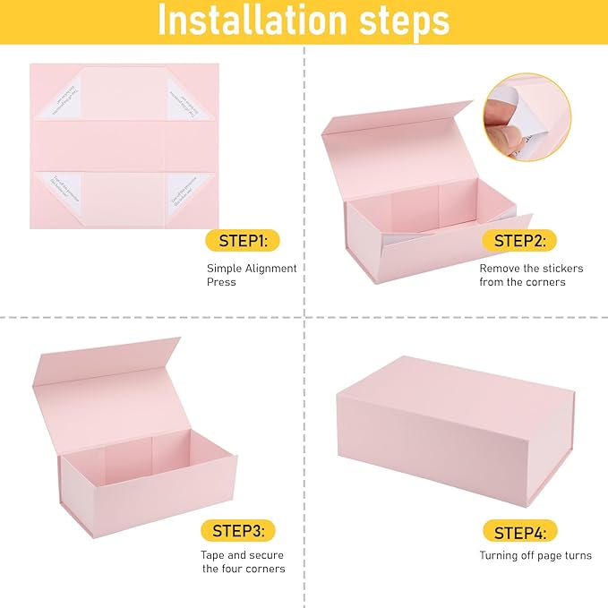Ditwis 4 Pack 12x6x4 Inches Gift Boxes with Magnetic Closure Lids, Pink Magnetic Box for Wedding, Groomsmen Bridesmaid Proposal, Birthdays, Mother's Day