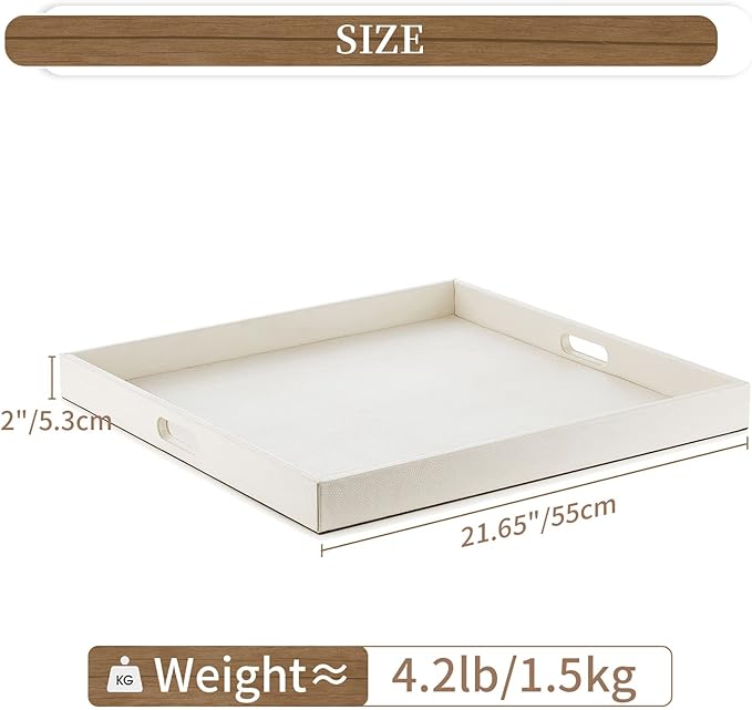 Hanobe Square Large Ottoman Tray: Extra Large White Serving Tray for Ottomans Big Leather Decorative Tray with Handles for Coffee Table Living Room 22" x 22"