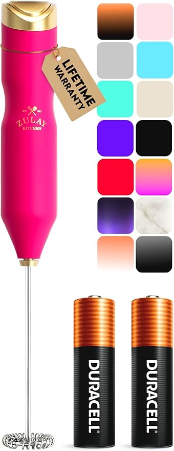 Zulay Kitchen Powerful Frother Wand AA Batteries Included, Ultra Fast Handheld Drink Mixer, Comfort Milk Frother, Stainless Steel Whisker, Frother Handheld for Coffee, Protein & Matcha - Frothmate 2.0