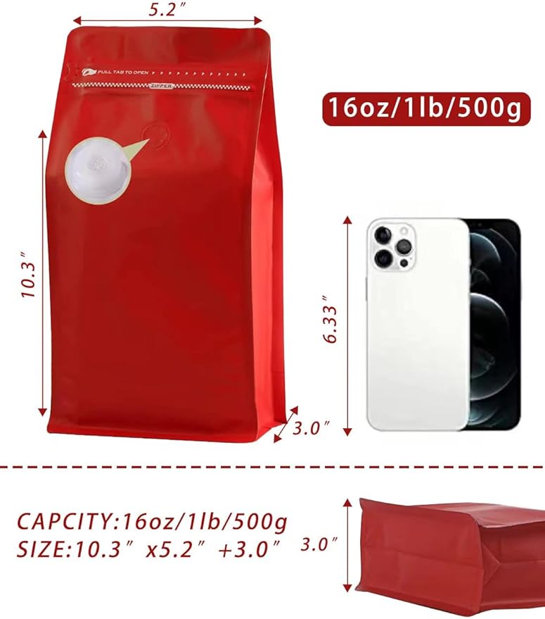 DMPACKDM Coffee Bags with Valve (16 oz,1 lb,100pcs) Red High Barrier Aluminumed Foil Flat Bottom Heat Sealed Coffee Beans Packaging Bags Side Zipper Resealable Bags for Home or Business