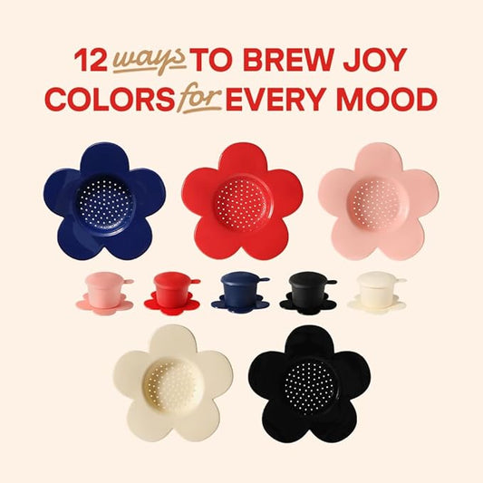 Pour Over Coffee Dripper - Vietnamese Phin Filter – Single Cup Coffee Maker 1-2 Cup with Flower Design – Plastic Reusable Coffee Filter for Manual Brewing, Travel Friendly (Navy + Ivory)