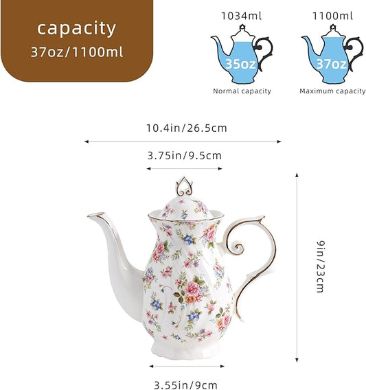 tea pot ceramic, Porcelain teapot with lid, 37oz for Tea, Milk, Coffee, Flower tea (White with small flowers)